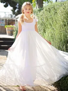 White Flower Girl Dresses Jewel Neck Lace Sleeveless Ankle-Length A-Line Bows Kids Party Dresses #486906