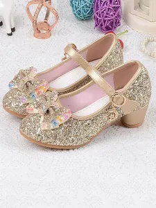 Flower Girl Shoes Glitter Bow Mary Jane Chunky Heel Pumps #436932