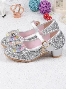 Flower Girl Shoes Glitter Bow Mary Jane Chunky Heel Pumps #436946