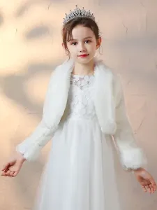 Flower Girl Wraps Ivory Long Sleeves Faux Fur Coat Flower Girl Winter Outerwear #466849