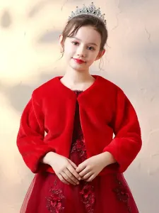Flower Girl Wraps Red Long Sleeves Faux Fur Coat Flower Girl Winter Blouse #466825