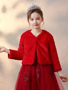 Flower Girl Wraps Red Long Sleeves Faux Fur Coat Flower Girl Winter Blouse