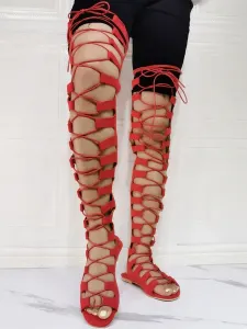 Women's Thigh High Lace Up Flat Gladiator Sandals in Suede #483899