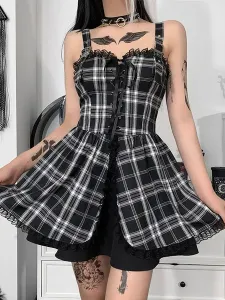 Gothic Lolita Dress Straps Neck Sleeveless Plaid Pattern Lace Up Ruffles Lace Short Dress #560163