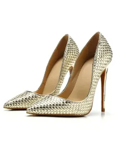 Women's Gold High Heels Woven Style Pointed Toe Stiletto Heel Pumps #413530