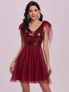 Burgundy Homecoming Dress 2023 A-Line V-Neck Sleeveless Backless Sequined Tulle Short Dress For Prom #483559