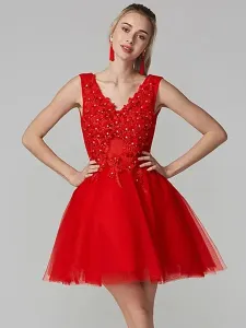 Red Homecoming Dress 2023 V-Neck Ball Gown Sleeveless Beaded Lace Up Tulle Lace Short Dresses For Prom #501839