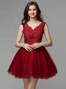Red Homecoming Dress 2023 V-Neck Ball Gown Sleeveless Beaded Lace Up Tulle Lace Short Dresses For Prom #501849