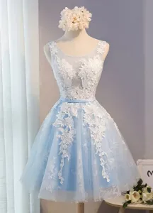 Tulle Homecoming Dress 2023 Lace Applique Prom Dress Baby Blue Sash Backless A Line Knee Length Party Dress Free Customization #414600
