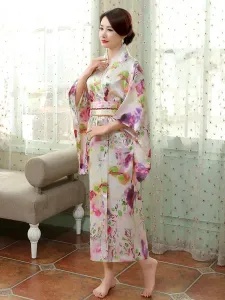 Adult's Japanes Costumes Light Pink Kimono Polyester Satin Dress Oriental Set Holidays Costumes #444789