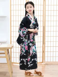 Japanes Costumes Kid's Kimono Black Polyester Dress Oriental Women's Set Holidays Costumes #444900
