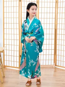 Japanes Costumes Kid's Kimono Cyan Blue Polyester Dress Oriental Women's Set Holidays Costumes #444724
