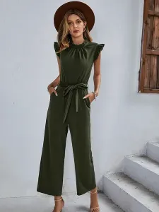 Black Jewel Neck Short Sleeves Polyester Jumpsuits For Women #942262