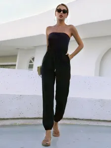 Black Strapless Sleeveless Open Shoulder Strapless Polyester Jumpsuits For Women