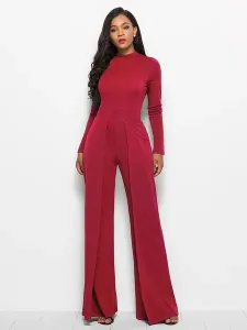 Blue High Collar Long Sleeves Pleated Asymmetrical Polyester Wide Leg Jumpsuits For Women #486526