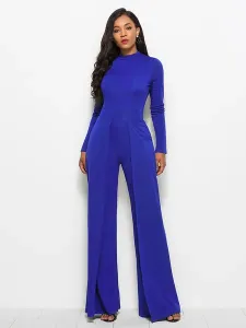 Blue High Collar Long Sleeves Pleated Asymmetrical Polyester Wide Leg Jumpsuits For Women #486527