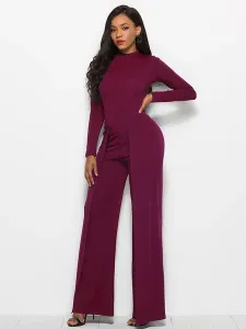Blue High Collar Long Sleeves Pleated Asymmetrical Polyester Wide Leg Jumpsuits For Women #486529