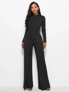 Blue High Collar Long Sleeves Pleated Asymmetrical Polyester Wide Leg Jumpsuits For Women #486531