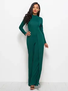 Blue High Collar Long Sleeves Pleated Asymmetrical Polyester Wide Leg Jumpsuits For Women #486532