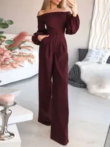 Green Jumpsuit Bateau Neck Long Sleeves Pleated Layered Strapless Polyester Wide Leg Jumpsuits For Women #559495