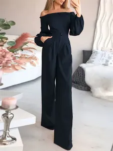 Green Jumpsuit Bateau Neck Long Sleeves Pleated Layered Strapless Polyester Wide Leg Jumpsuits For Women #559497