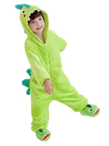 Kigurumi Pajamas For Kids Onesie Cartoon Dinosaur Grass Green Flannel Clothes #525583