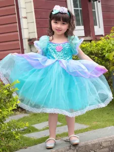 Kids Princess Cosplay Costume 2-Piece Set Teal Polyester Princess Dress Outfit