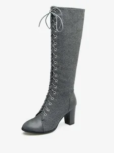 Knee High Boots Womens and Micro Suede Lace Up Round Toe Chunky Heel Boots #419997