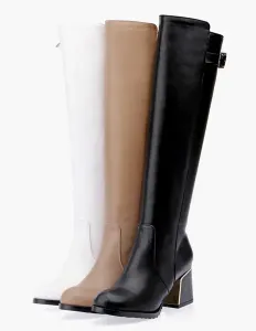 Knee High Boots Womens Leather Buckled Round Toe Block Heel Winter Boots #406028