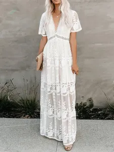 White Long Dress Lace Sexy V Neck Short Sleeves Boho Maxi Dresses #548762