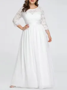A-Line Plus Size Wedding Dresses Floor-Length 3/4 Length Sleeves Lace Jewel Neck Bridal Gowns Free Customization #458758