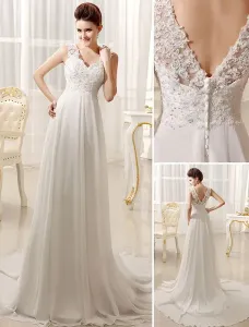 Ivory Lace Beach Wedding Dress Chiffon Beading V Neckline Court Train Bridal Gown Free Customization #404195