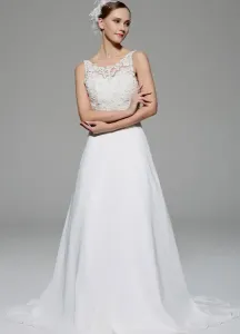 Ivory Lace Wedding Dress Illusion Rhinestone Satin Bridal Gown Free Customization