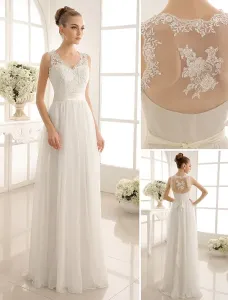 Ivory Lace Wedding Dress Sash Bow Sequins Sleeveless A-Line Bridal Gown Free Customization #404418