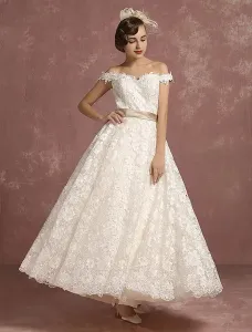 Lace Wedding Dress Vintage A Line Off The Shoulder Sleeveless Ankle Length With Detachable Ribbon Bow Bridal Gown Free Customization #414588