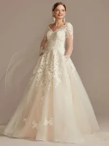 Wedding Gowns With Train A-Line Long Sleeves Tulle V-Neck Ivory Lace Bridal Gowns #471116