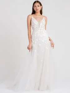 White Lace Wedding Dress With Chapel Train A-Line Sleeveless Matte Satin V-Neck Tulle Bridal Dresses Free Customization