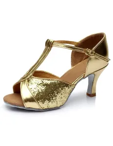 Latin Dance Shoes Glitter Open Toe T Type Dancing Shoes Gold Ballroom Shoes #414711