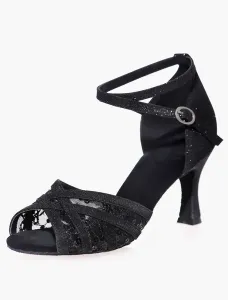 Open Toe Black Mesh Glitter Ballroom Shoes #406588