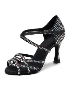 Women's Customized Latin Dance Shoes Black Open Toe Luxury Rhinestones Ballroom Dance Shoes #438039
