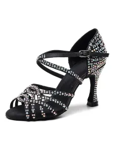Women's Customized Latin Dance Shoes Satin Black Peep Toe Luxury Rhinestones Ballroom Dance Shoes #438022
