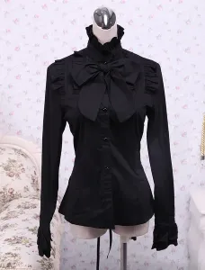 Black Cotton Lolita Blouse Long Sleeves Stand Collar Ruffles Bow #403735