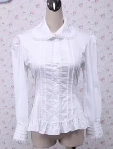 Cotton White Ruffles Long Sleeves Lolita Blouse #407130