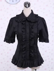 Lolita Blouse Pure Cotton Black Short Sleeves Ruffles Turndown Collar #407771