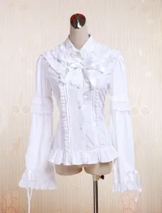 Pure White Cotton Lolita Blouse Long Sleeves Lace Trim Lace Bows #409293