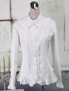 Sweet White Cotton Lolita Blouse Long Sleeves Ruffles Lace Trim Turn-down Collar #402545