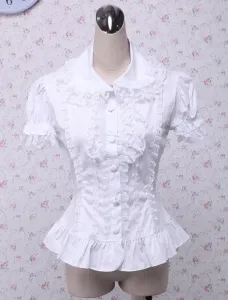 Sweet White Cotton Lolita Blouse Short Sleeves Layered Lace Trim Turn-down Collar #407160
