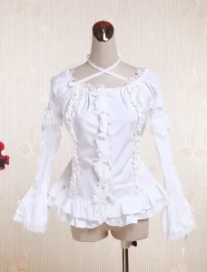 White Cotton Lolita Blouse Long Hime Sleeves Neck Straps Lace Trim Ruffles #407239