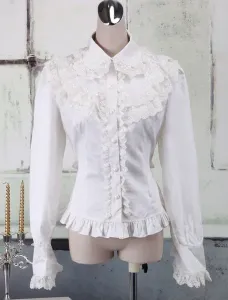 White Cotton Lolita Blouse Long Sleeves Lace Trim Turn-down Collar Ruffles #402533