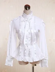 White Cotton Lolita Blouse Long Sleeves Stand Colalr Lace Bow Layered Ruffles #407245